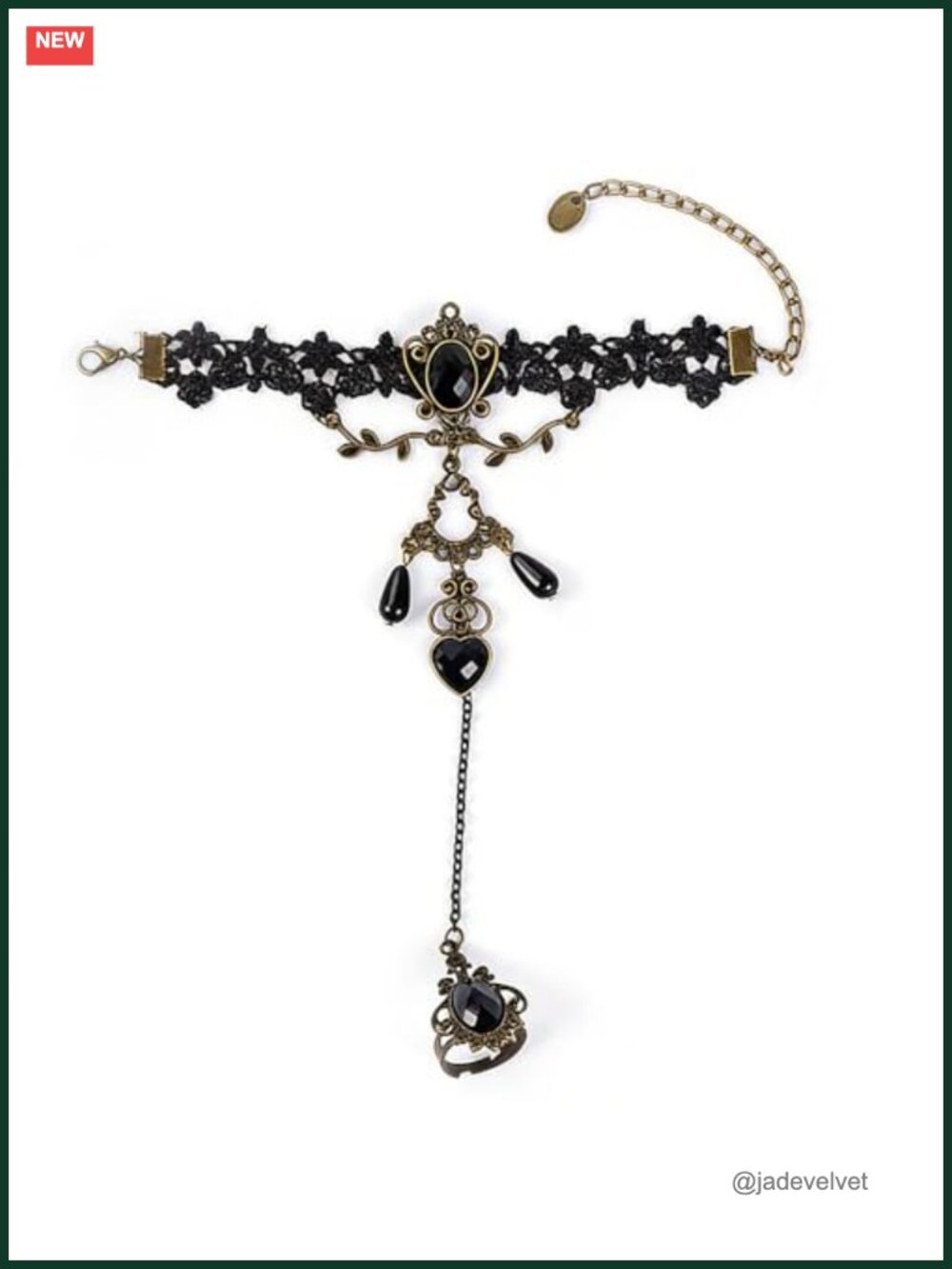 Gothic Lace Chain Tassel Bangle Bracelet with Adjustable Ring Set